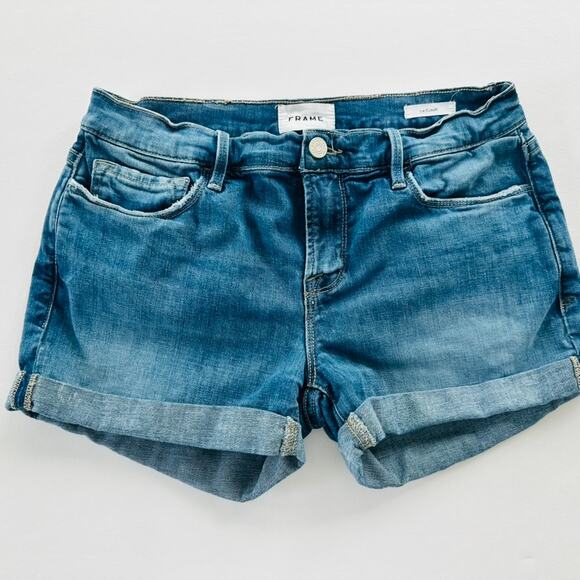 Frame Denim Le Cutoff Jean Shorts Size 26 Medium Blue Wash Cuff Hem 3" Inseam - Picture 2 of 6